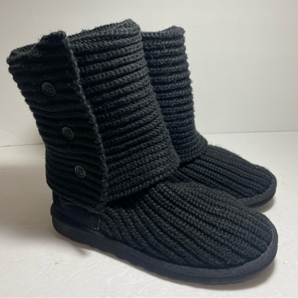UGG Classic Cardigan Black Tall Knit Boots Sheepskin Women's Size 6